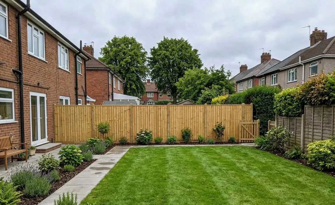 The same garden after new closeboard fence installation and a fresh lawn