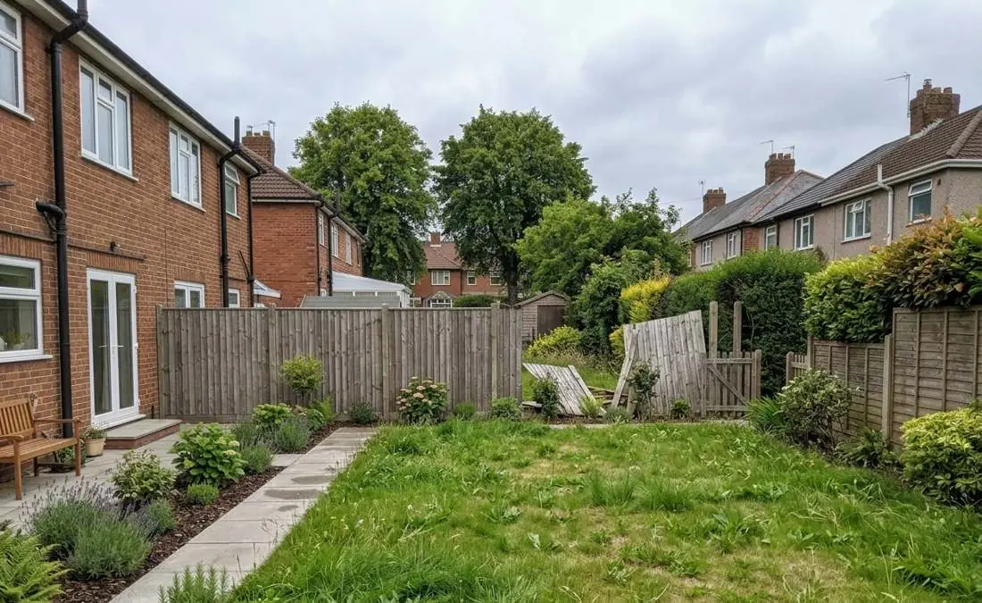 Garden with an old broken fence and overgrown lawn before renovation