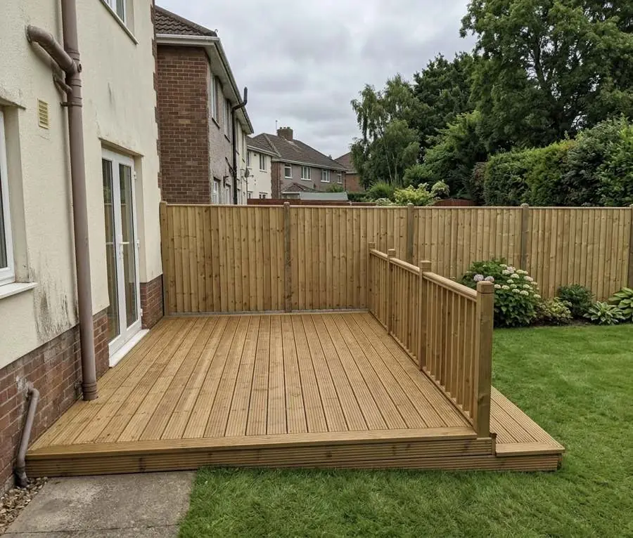 New timber garden decking with balustrade and step, decking installation in Cardiff
